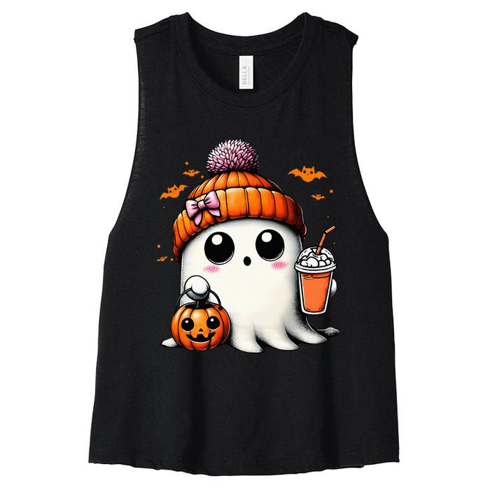 Cute Ghost Drinking Coffee Halloween Ghost Ice Coffee Women's Racerback Cropped Tank