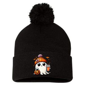 Cute Ghost Drinking Coffee Halloween Ghost Ice Coffee Pom Pom 12in Knit Beanie