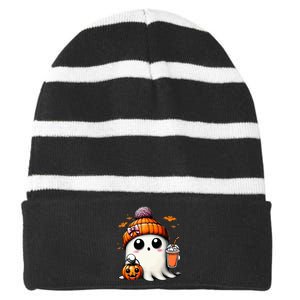 Cute Ghost Drinking Coffee Halloween Ghost Ice Coffee Striped Beanie with Solid Band