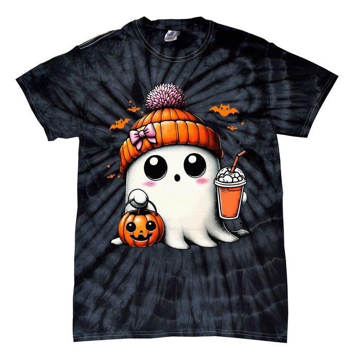 Cute Ghost Drinking Coffee Halloween Ghost Ice Coffee Tie-Dye T-Shirt