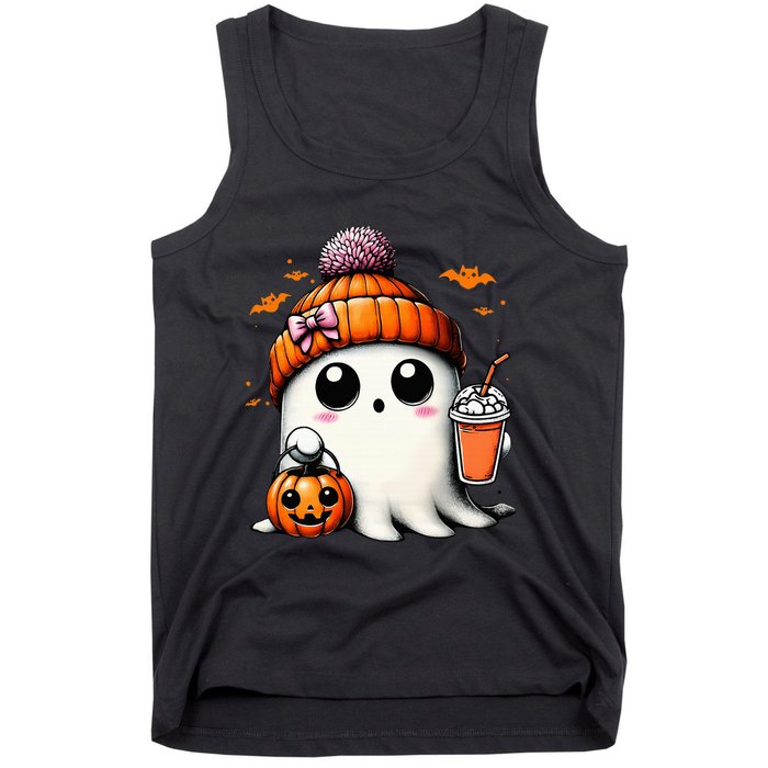 Cute Ghost Drinking Coffee Halloween Ghost Ice Coffee Tank Top