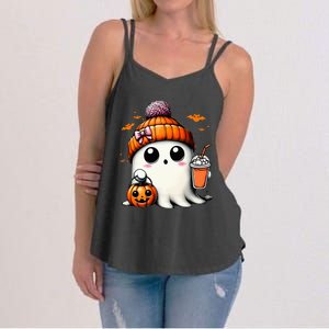 Cute Ghost Drinking Coffee Halloween Ghost Ice Coffee Women's Strappy Tank