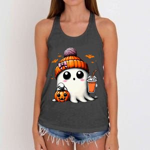 Cute Ghost Drinking Coffee Halloween Ghost Ice Coffee Women's Knotted Racerback Tank