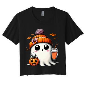 Cute Ghost Drinking Coffee Halloween Ghost Ice Coffee Women's Crop Top Tee