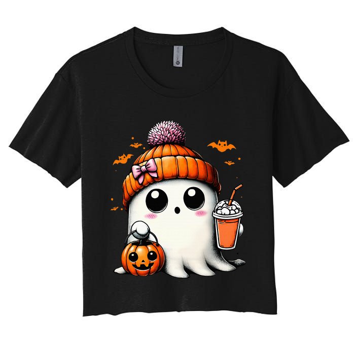 Cute Ghost Drinking Coffee Halloween Ghost Ice Coffee Women's Crop Top Tee