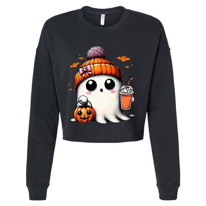 Cute Ghost Drinking Coffee Halloween Ghost Ice Coffee Cropped Pullover Crew