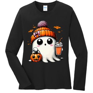 Cute Ghost Drinking Coffee Halloween Ghost Ice Coffee Ladies Long Sleeve Shirt