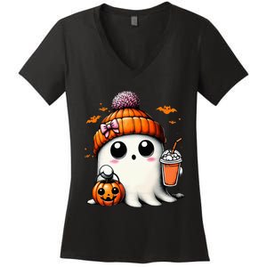 Cute Ghost Drinking Coffee Halloween Ghost Ice Coffee Women's V-Neck T-Shirt