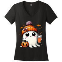 Cute Ghost Drinking Coffee Halloween Ghost Ice Coffee Women's V-Neck T-Shirt