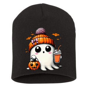 Cute Ghost Drinking Coffee Halloween Ghost Ice Coffee Short Acrylic Beanie