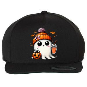 Cute Ghost Drinking Coffee Halloween Ghost Ice Coffee Wool Snapback Cap