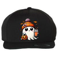 Cute Ghost Drinking Coffee Halloween Ghost Ice Coffee Wool Snapback Cap