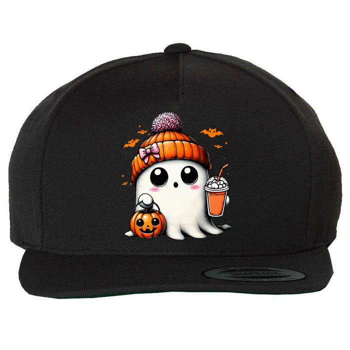 Cute Ghost Drinking Coffee Halloween Ghost Ice Coffee Wool Snapback Cap