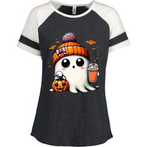 Cute Ghost Drinking Coffee Halloween Ghost Ice Coffee Enza Ladies Jersey Colorblock Tee