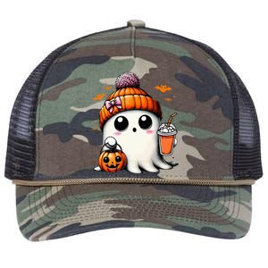 Cute Ghost Drinking Coffee Halloween Ghost Ice Coffee Retro Rope Trucker Hat Cap