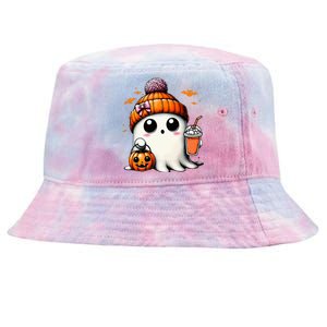 Cute Ghost Drinking Coffee Halloween Ghost Ice Coffee Tie-Dyed Bucket Hat