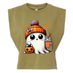 Cute Ghost Drinking Coffee Halloween Ghost Ice Coffee Garment-Dyed Women's Muscle Tee