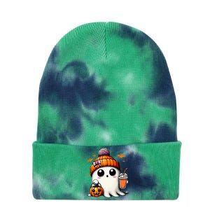 Cute Ghost Drinking Coffee Halloween Ghost Ice Coffee Tie Dye 12in Knit Beanie