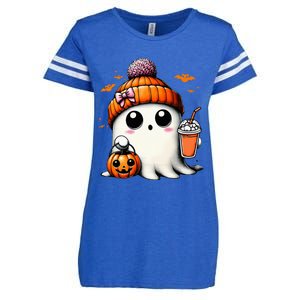 Cute Ghost Drinking Coffee Halloween Ghost Ice Coffee Enza Ladies Jersey Football T-Shirt