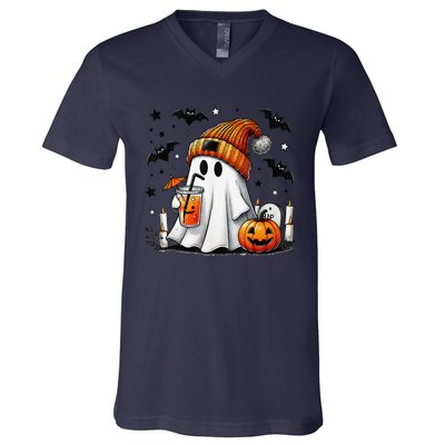 Cute Ghost Drinking Coffee Halloween Ghost Coffee Women Gift V-Neck T-Shirt