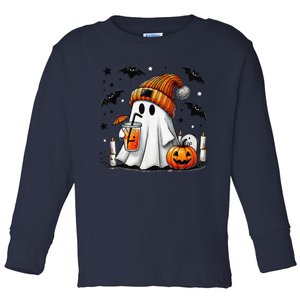 Cute Ghost Drinking Coffee Halloween Ghost Coffee Women Gift Toddler Long Sleeve Shirt