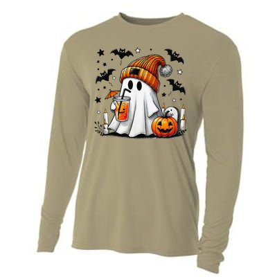 Cute Ghost Drinking Coffee Halloween Ghost Coffee Women Gift Cooling Performance Long Sleeve Crew