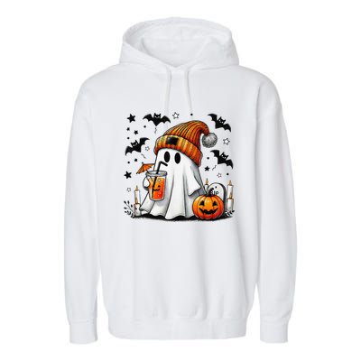 Cute Ghost Drinking Coffee Halloween Ghost Coffee Women Gift Garment-Dyed Fleece Hoodie