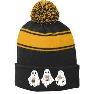 Cute Ghost Drinking Coffee Halloween Ghost Ice Coffee Stripe Pom Pom Beanie