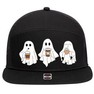 Cute Ghost Drinking Coffee Halloween Ghost Ice Coffee 7 Panel Mesh Trucker Snapback Hat