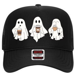 Cute Ghost Drinking Coffee Halloween Ghost Ice Coffee High Crown Mesh Back Trucker Hat