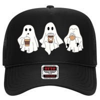 Cute Ghost Drinking Coffee Halloween Ghost Ice Coffee High Crown Mesh Back Trucker Hat