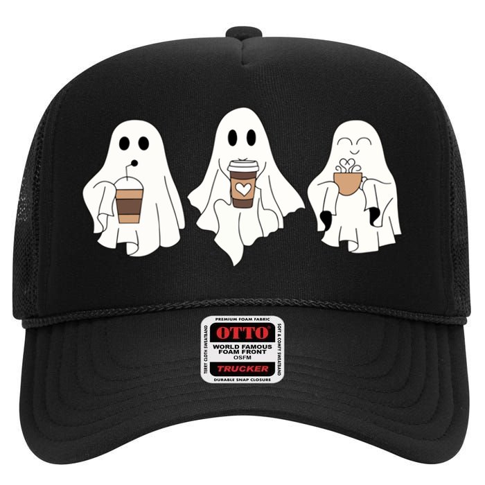 Cute Ghost Drinking Coffee Halloween Ghost Ice Coffee High Crown Mesh Back Trucker Hat