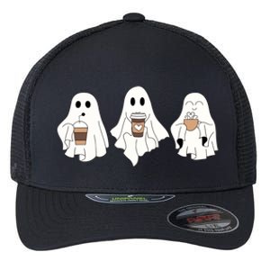 Cute Ghost Drinking Coffee Halloween Ghost Ice Coffee Flexfit Unipanel Trucker Cap