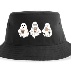 Cute Ghost Drinking Coffee Halloween Ghost Ice Coffee Sustainable Bucket Hat