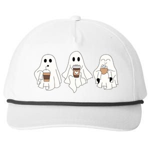 Cute Ghost Drinking Coffee Halloween Ghost Ice Coffee Snapback Five-Panel Rope Hat