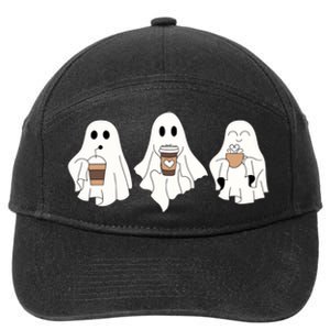 Cute Ghost Drinking Coffee Halloween Ghost Ice Coffee 7-Panel Snapback Hat