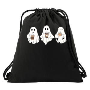 Cute Ghost Drinking Coffee Halloween Ghost Ice Coffee Drawstring Bag