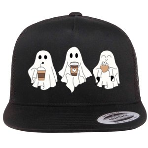 Cute Ghost Drinking Coffee Halloween Ghost Ice Coffee Flat Bill Trucker Hat