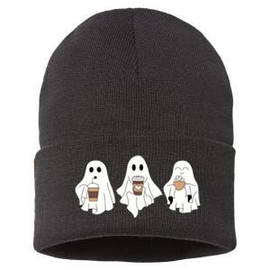 Cute Ghost Drinking Coffee Halloween Ghost Ice Coffee Sustainable Knit Beanie