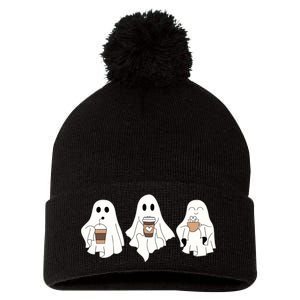 Cute Ghost Drinking Coffee Halloween Ghost Ice Coffee Pom Pom 12in Knit Beanie