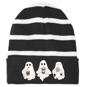 Cute Ghost Drinking Coffee Halloween Ghost Ice Coffee Striped Beanie with Solid Band