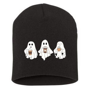 Cute Ghost Drinking Coffee Halloween Ghost Ice Coffee Short Acrylic Beanie