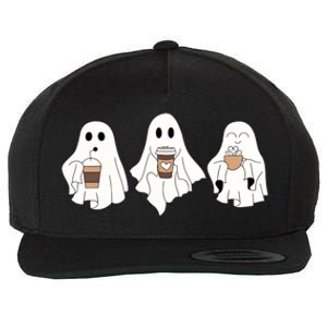 Cute Ghost Drinking Coffee Halloween Ghost Ice Coffee Wool Snapback Cap