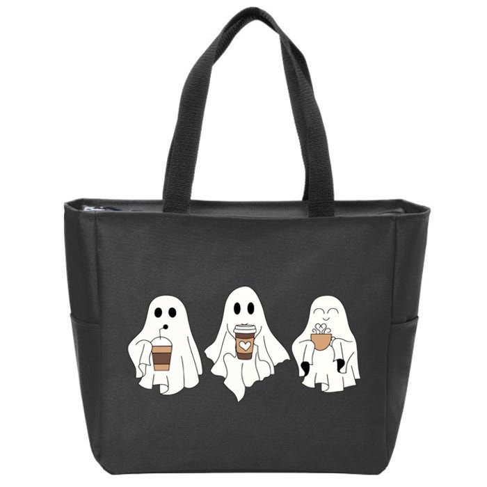 Cute Ghost Drinking Coffee Halloween Ghost Ice Coffee Zip Tote Bag