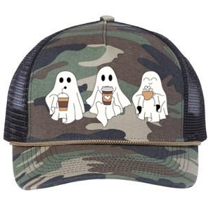 Cute Ghost Drinking Coffee Halloween Ghost Ice Coffee Retro Rope Trucker Hat Cap