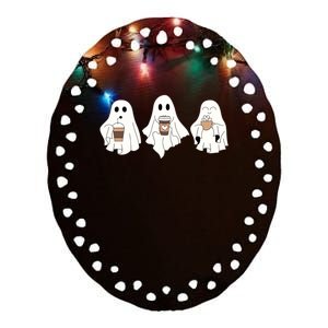 Cute Ghost Drinking Coffee Halloween Ghost Ice Coffee Ceramic Oval Ornament