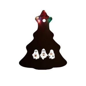 Cute Ghost Drinking Coffee Halloween Ghost Ice Coffee Ceramic Tree Ornament