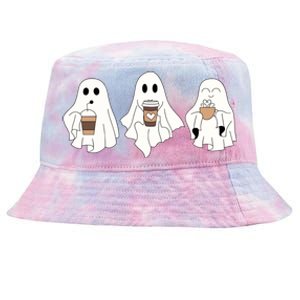 Cute Ghost Drinking Coffee Halloween Ghost Ice Coffee Tie-Dyed Bucket Hat