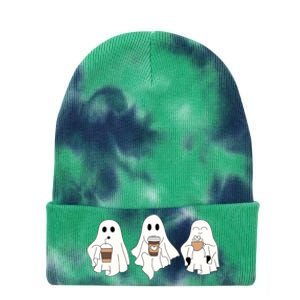 Cute Ghost Drinking Coffee Halloween Ghost Ice Coffee Tie Dye 12in Knit Beanie