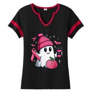 Cute Ghost Drinking Coffee Halloween Ghost Breast Cancer Ladies Halftime Notch Neck Tee